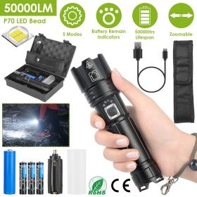50,000Lm Led Flashlight; Rechargeable (Color: Black)